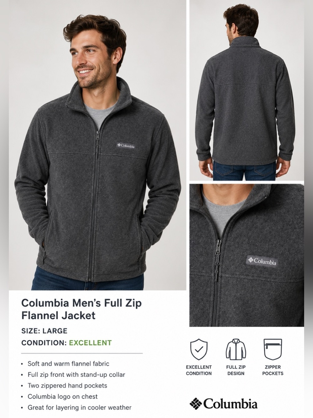 Columbia Gray Full Zip Fleece Jacket Men’s Large Zip Pocket Soft Warm